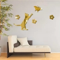 Pegatina de pared de espejo acrílico dorado con gato saltando y mariposa decorativa - Dorado