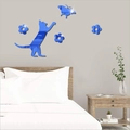 Detalle de pegatina de pared 3D de gato y mariposa en acrílico espejo azul decorativo - Azul