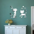 Pegatinas de pared de acrílico espejo plateado con gatos y corazones para decorar el hogar - Plateado