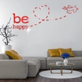 3D red mirror acrylic wall sticker featuring be happy quote with bird and heart for living room - 27 Pieces/Pack / Red
