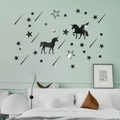 Pegatinas de pared 3D espejo de acrílico negro con unicornios y estrellas infantiles - Negro