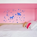 Detailed view of dark blue mirror unicorn and stars acrylic wall stickers on a pink wall - Blue