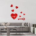 Red acrylic heart and key mirror wall stickers set for living room wall decoration - Red (JM3153)