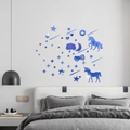 Detailed blue acrylic mirror wall decals with unicorn, moon and stars in modern bedroom - Blue