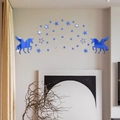 Pegatinas de pared de espejo acrílico azul con unicornios y estrellas para niños - Azul