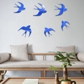Juego de seis pegatinas de pared 3D de espejo azul con forma de golondrina para el salón - Azul