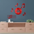 Red acrylic musical notes mirror wall stickers set with vinyl record and staff design - Red