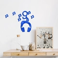 Detail van blauwe acryl spiegelwandsticker met muzieknoten en hoofdtelefoonfiguur - Blauw