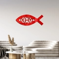 Red acrylic fish wall decor featuring Ichthys symbol displayed in a modern living room - Red