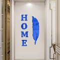 Blue acrylic mirror wall stickers with feather and HOME letters on white corridor wall - Blue (JM3241-Blue)