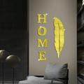Adesivo murale 3D specchio acrilico oro HOME con piuma per decorazione soggiorno moderno - Oro (JM3241-Oro)