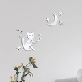 Pegatinas de espejo acrílico con gato, luna y estrellas para decoración de pared - Plateado