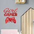 Detail view of red mirror acrylic Girl GAMER wall stickers with game controller icon - Red