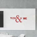 Detail of red acrylic mirror wall sticker featuring YOU & ME letters for living room decor - Red