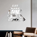 Sticker mural acrylique miroir argenté avec manette de jeu et texte EAT SLEEP GAME - Argenté