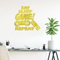 Sticker mural miroir acrylique doré avec texte Eat Sleep Game Repeat et manette de jeu - Doré