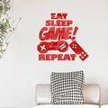 Sticker mural miroir 3D rouge manette de jeu avec texte Eat Sleep Game Repeat - Rouge