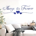 Détails macro de stickers muraux 3D miroir bleu avec texte Always & Forever et cœurs - Bleu
