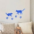 Blue acrylic cat mirror wall stickers set for home decor with kitten paw prints - Blue