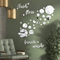 Pegatinas de pared espejo acrílico con texto Flush Floss Brush Wash y discos redondos - Plateado