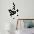 Pegatina de pared de unicornio en espejo acrílico negro con ojos para dormitorio - Negro