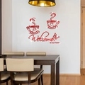 Detail of red acrylic coffee cup mirror wall stickers with 'Welcome' text for home decor - Red