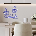 Blue 3D acrylic mirror coffee cup wall stickers with 'Welcome to our home' lettering - Blue