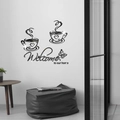 Modern acrylic coffee cup mirror wall decals with Welcome to our home lettering set - Black