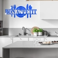 Blue mirrored acrylic wall sticker with Bon Appetit text and cutlery for kitchen decor - Blue