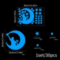 Luminous blue cat on moon and stars wall stickers set for kids bedroom decor, 30 pieces - Moon Cat (Blue Glow)