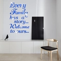 Detailed 3D mirror blue acrylic wall decal with 'Every Family has a story' quote - Blue
