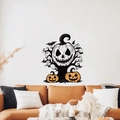Adesivo murale di Halloween con zucca bianca e nera, albero contorto e pipistrelli sopra il divano - PH-WS1094