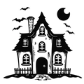 Halloween wall sticker featuring a black silhouette of a haunted house with bats and moon - Black (PH-WS1089)