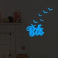 Pegatina pared Halloween Boo azul luminoso con siluetas de murciélagos para decoración - Azul