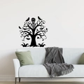 Halloween black vinyl wall sticker featuring a spooky dead tree with bats and a skull - Skeleton Tree Silhouette With Bats (PH-WS1096)