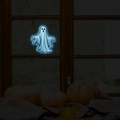 Luminous Halloween ghost window sticker on glass with festive pumpkin and candle decor - Fluorescent Blue