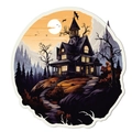 Halloween Wandaufkleber mit gothischem Geisterhaus und orangefarbenem Mond auf weißem Grund - WS-GW023