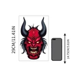 Red Oni devil mask wall sticker with glowing eyes and horns beside a smartphone for scale - Ws-qt1124