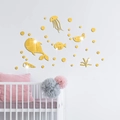 Goldene Acryl-Spiegelwandaufkleber mit Ozeanfischen und Walen für Heimdekoration - Gold