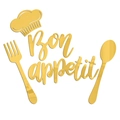 Detail of golden acrylic 3D mirror wall sticker featuring Bon Appetit text and chef hat - Gold