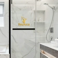 Señal de ducha en acrílico dorado con texto e icono en puerta de vidrio moderna - Dorado