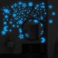 Luminous glow-in-the-dark stars and moon wall stickers with rocket for kids room decor - Fluorescent Blue