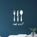 Stickers muraux modernes en acrylique miroir avec fourchette, couteau, cuillère et 'eat well' - Argenté