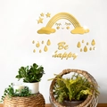 Goldene Acryl Spiegel Wandtattoo mit Regenbogen, Wolken und Be Happy Text für Deko - Gold