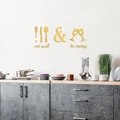 Golden mirror acrylic cutlery and wine glass wall stickers with Eat Well Be Merry slogan - Gold