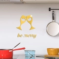Golden mirror acrylic wall stickers featuring wine glasses and be merry text for kitchen decor - Gold