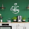 Modern acrylic coffee cup mirror wall sticker with text on a dark green kitchen wall - Silver