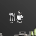 Macro detail of acrylic mirror wall stickers featuring Eat Drink text and cutlery icons - Silver