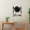 Detail of black acrylic mirror wall stickers featuring cutlery icons and Let's eat text - Black