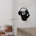 Detail view of black mirror acrylic wall sticker featuring headphones and Let's Rock text - Black